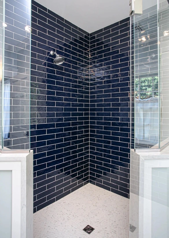 Navy subway tile walk-in shower